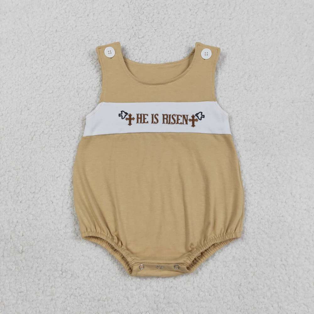 SR3547  Brown he is risen embroidery sleeveless Romper