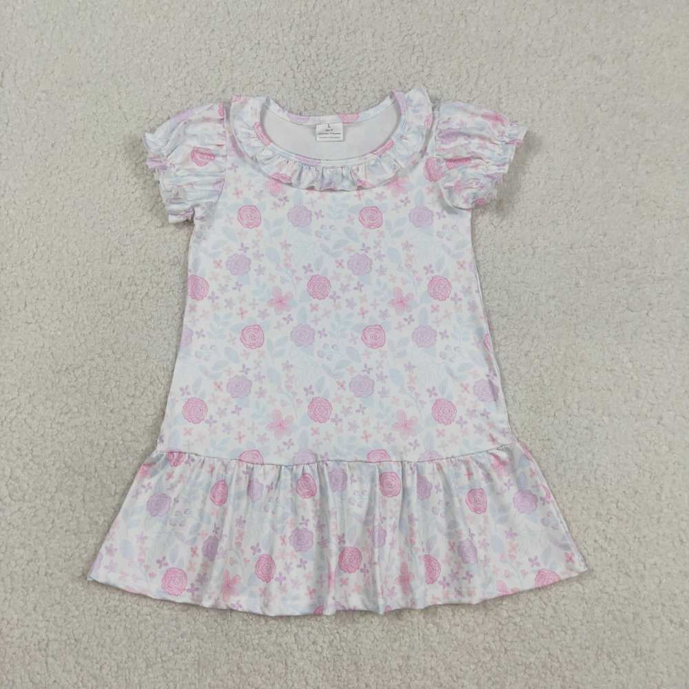 GSD3717  RTS Pink purple flowers print girl ruffle sleeve dress