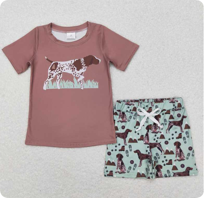 BSSO0335 Dalmatian brown short-sleeved shirt and green shorts set