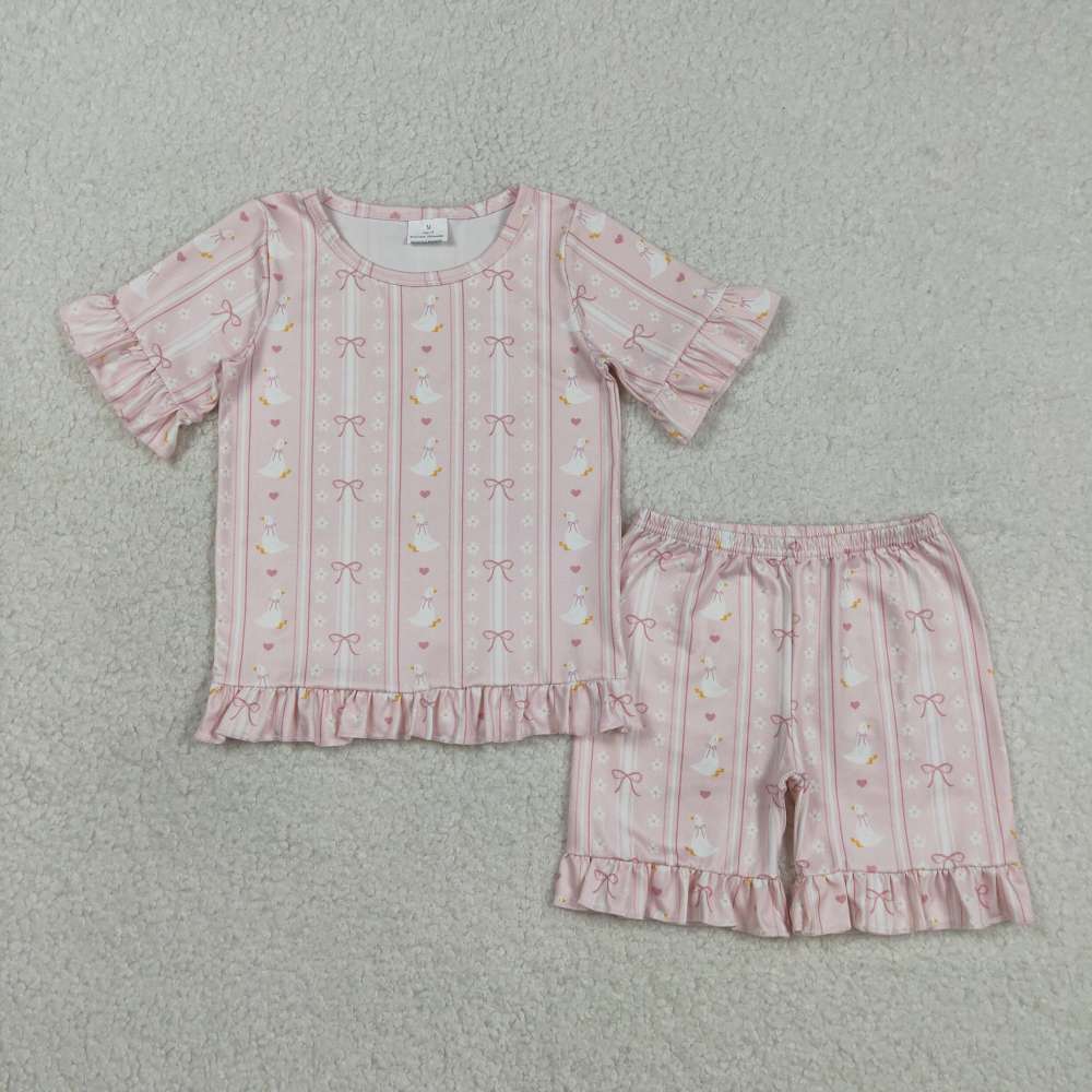 GSSO3330  Pink bows flowers goose Print short sleeve girl bows outfits