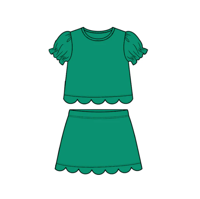 Baby Girls Green Short Ruffle Sleeve Top Skirt Short Scallop Clothes Sets Preorder