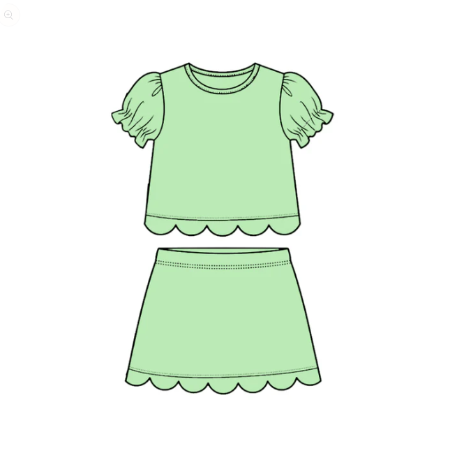 Baby Girls Light Green Short Ruffle Sleeve Top Skirt Short Scallop Clothes Sets Preorder