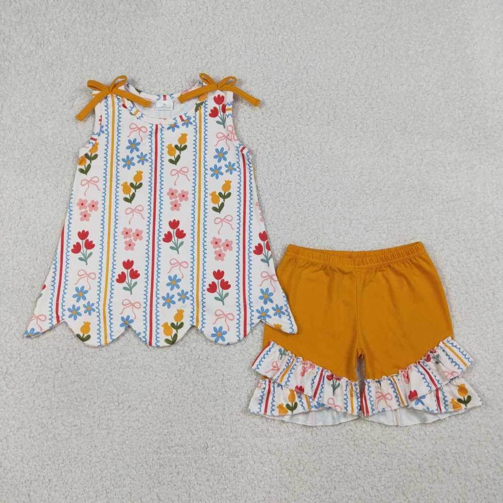 GSSO3388  Flowers stripe Print sleeveless bows girl outfits