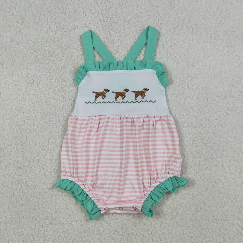 SR3802  Yellow stripe lamp embroidery boy short sleeve Romper