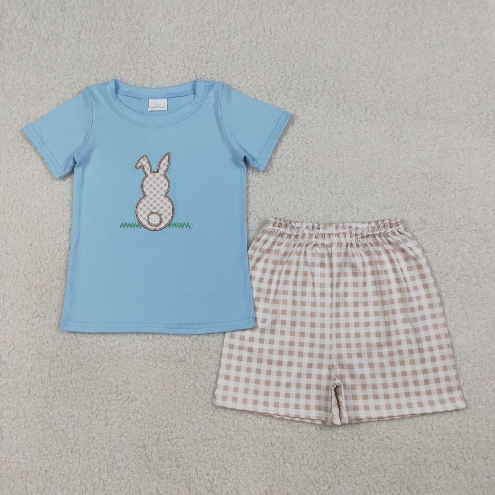 BSSO0305  RTS Blue easter bunny embroidery short sleeve boy outfits