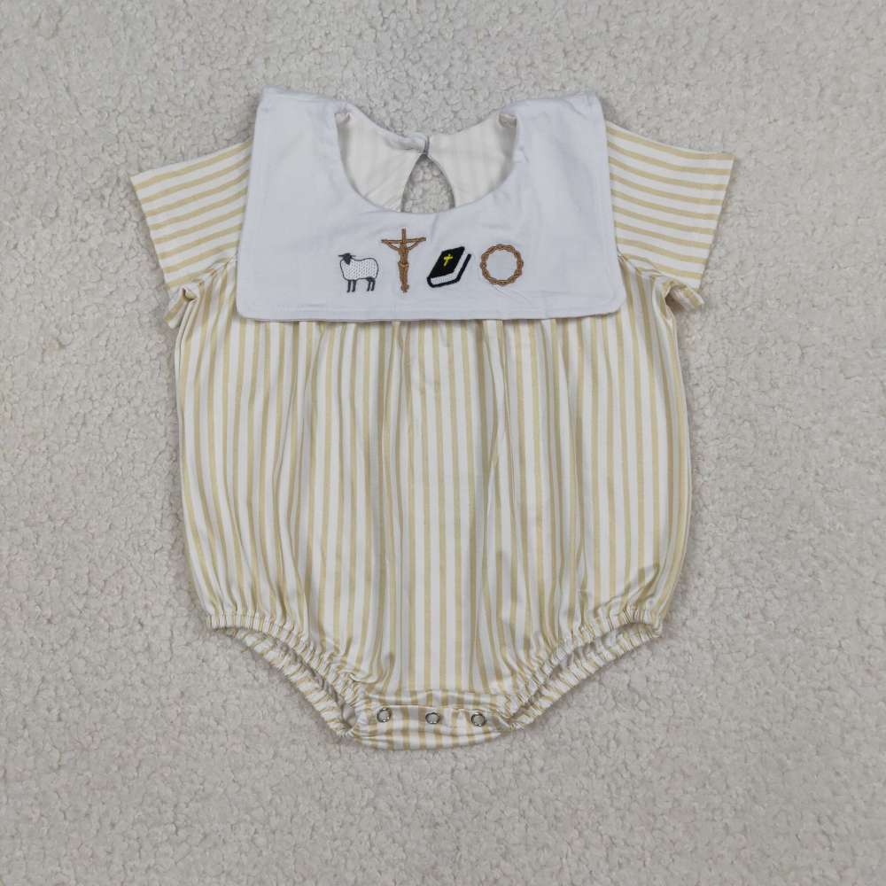 SR3802  Yellow stripe lamp embroidery boy short sleeve Romper