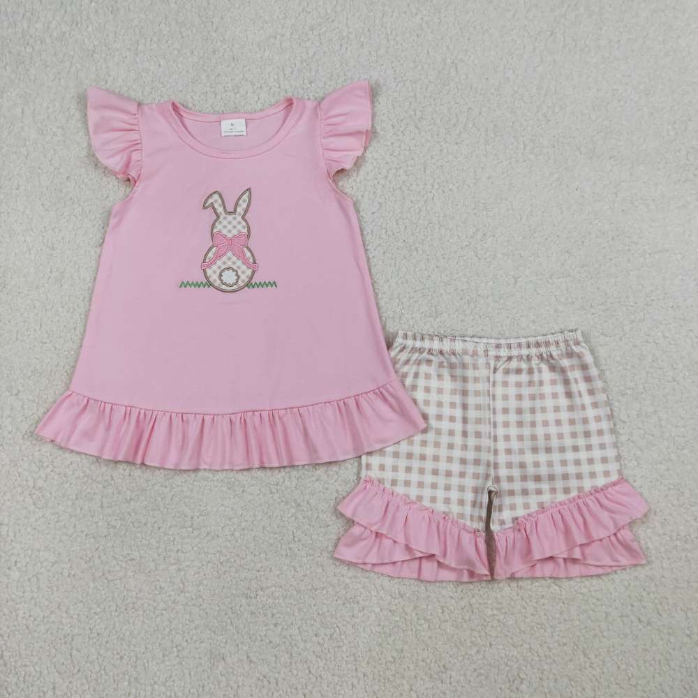 GSSO0374  RTS PINK easter bunny embroidery short sleeve Girl outfits