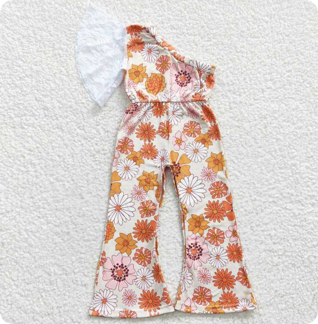 SR0211 Orange floral one-sleeve jumpsuit