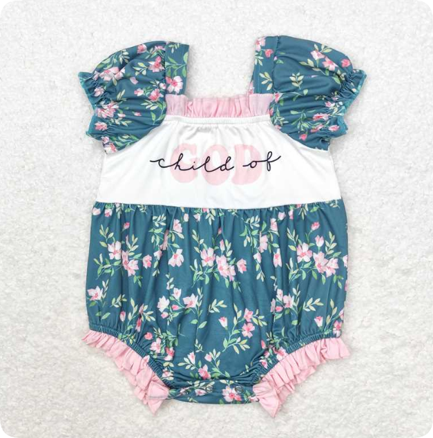 SR1940 Child of God Floral Green Short-Sleeved romper