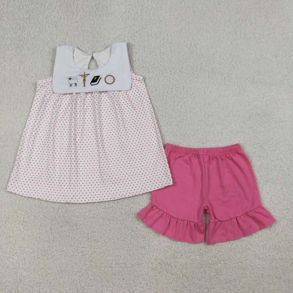GSSO3019 RTS PINK Polka jesus lamp cross embroidery sleeveless Girl outfits
