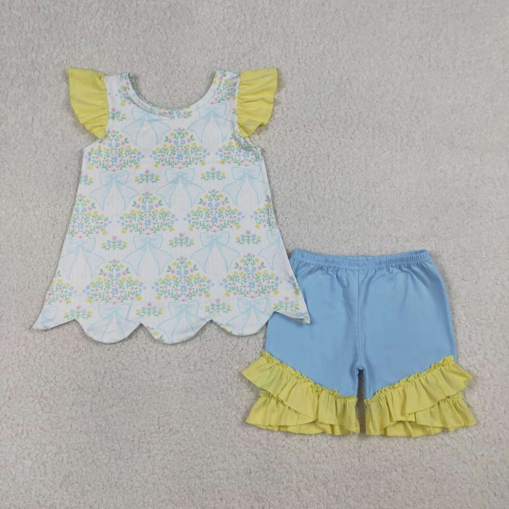 GSSO2767  blue flowers bows Print flying sleeve girl outfits