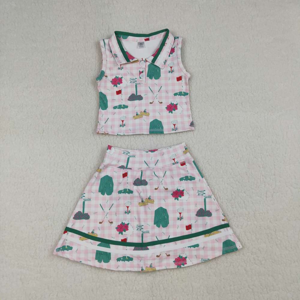 GSD3520 RTS Pink Plaid golf pattern  girl yoga sleeveless skirt set