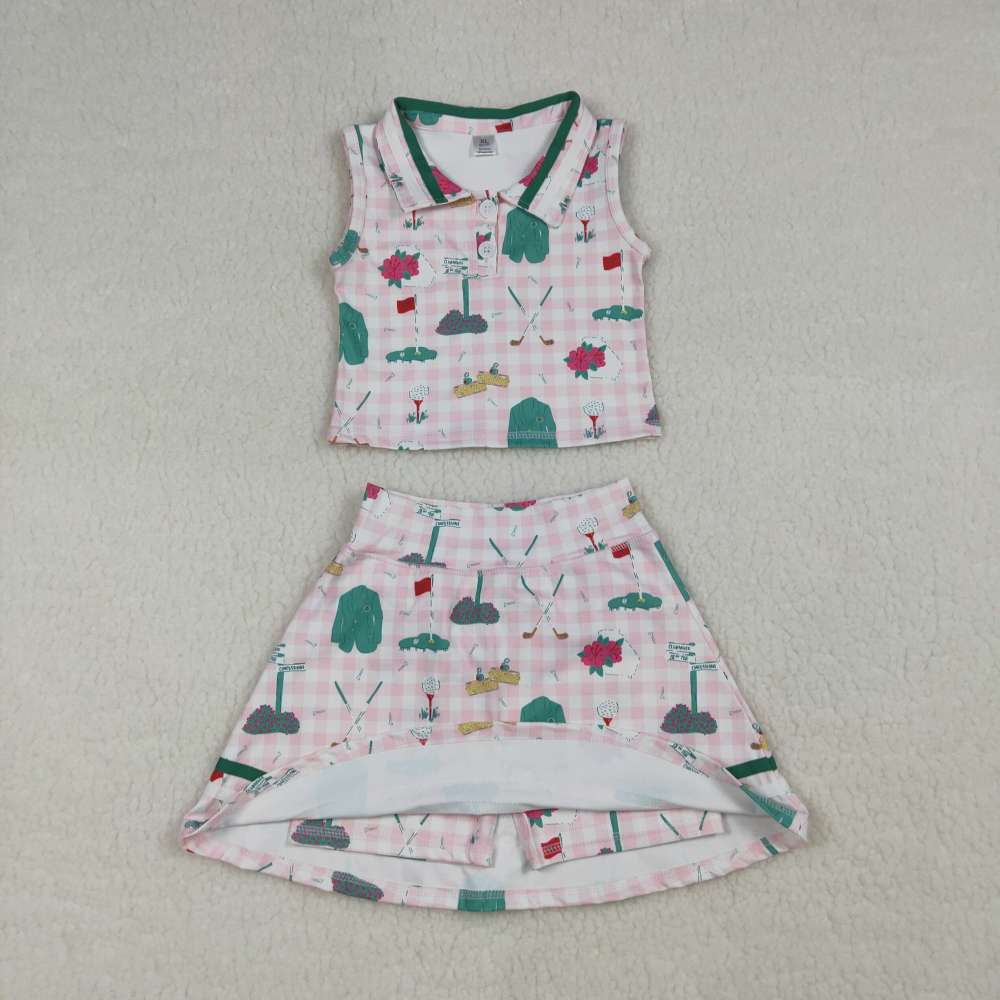 GSD3520 RTS Pink Plaid golf pattern  girl yoga sleeveless skirt set
