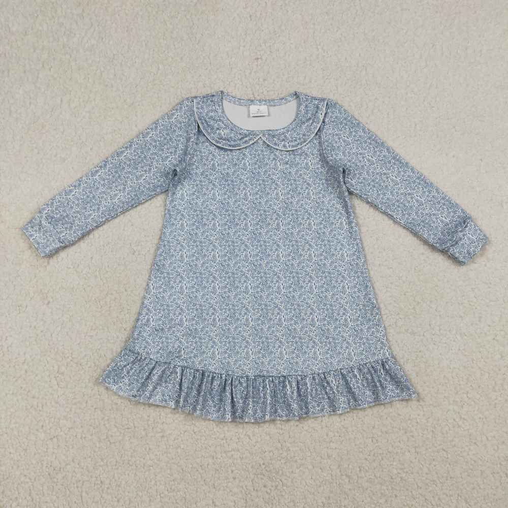 GLD1424  RTS Blue Small flowers print long sleeve dress