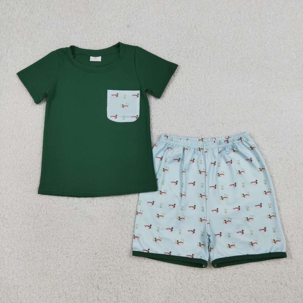 BSSO1899  RTSGreen duck print short sleeve boy outfits