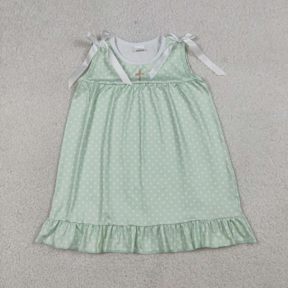 GSD2860  RTS Green polka cross print girl sleeveless dress
