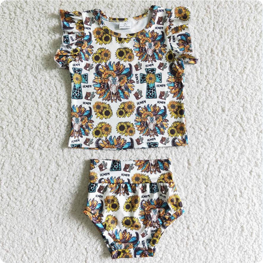 GBO0047 Girls' Bull Head Sunflower Short-Sleeve bummies set