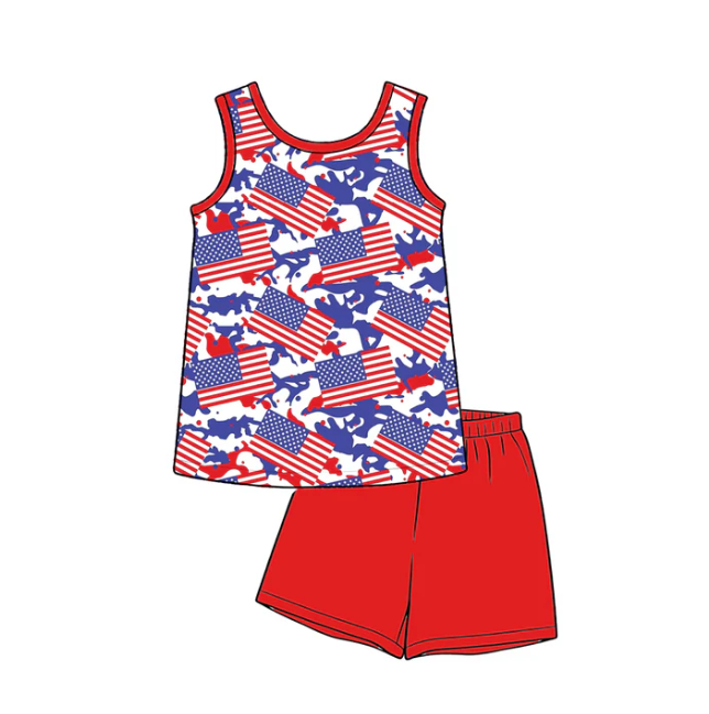 Baby Boys Sleeveless Flags Camo Shirt Top Short 4th of July Clothes Sets Preorder
