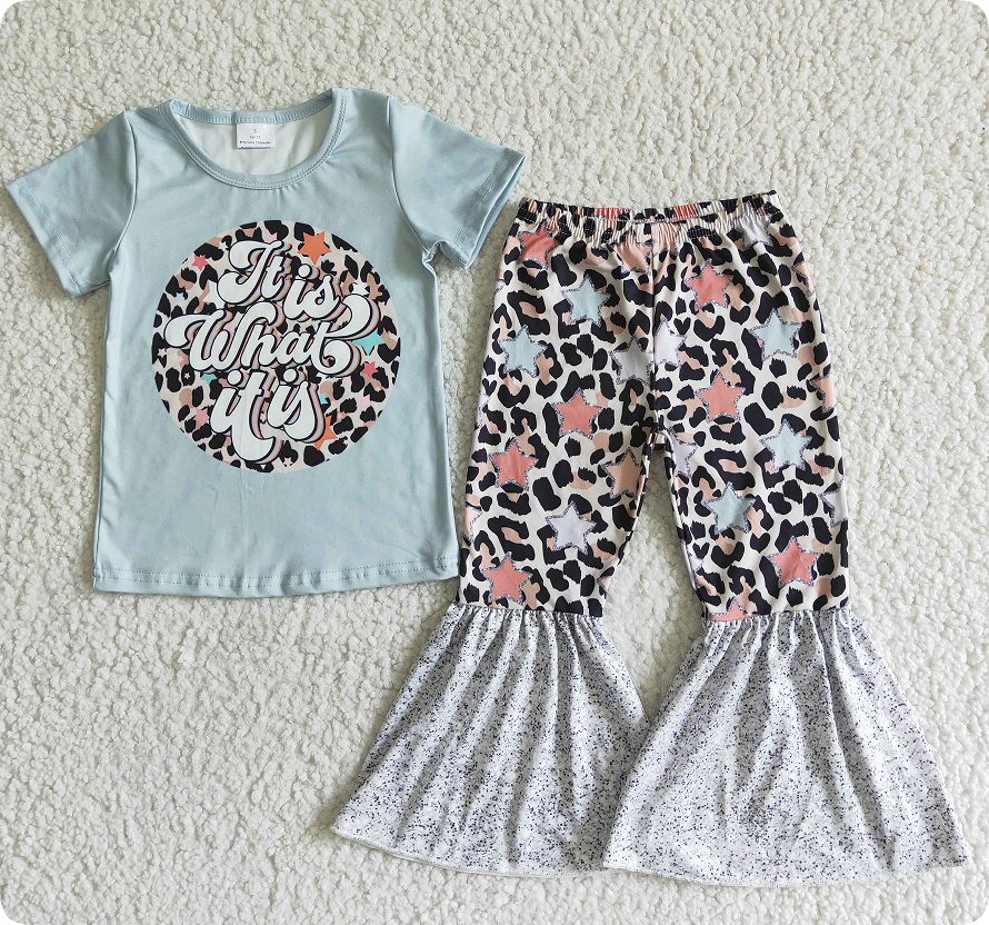 GSPO0002 It is a blue short-sleeved top, milk star-patterned flared pants set.
