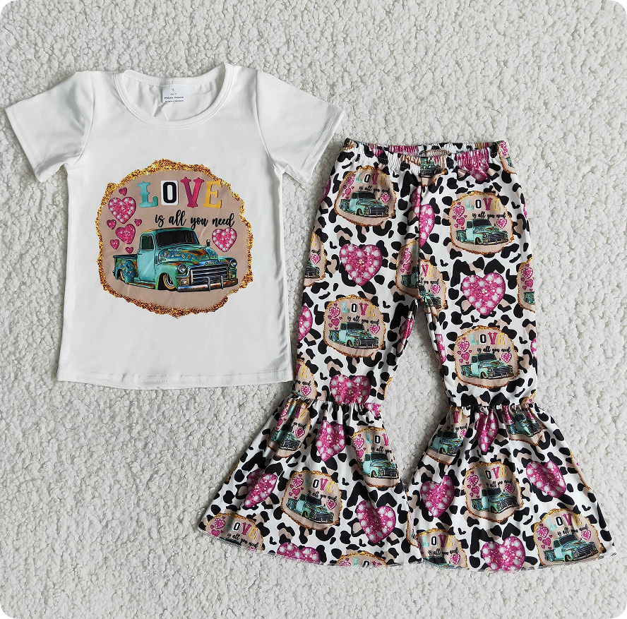 E13-26 Love White Short-Sleeve Heart-Shaped Flared Pants Valentine's Day Set