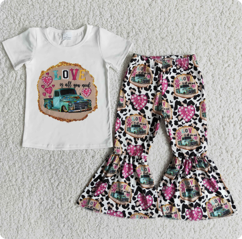 E13-26 Love White Short-Sleeve Heart-Shaped Flared Pants Valentine's Day Set