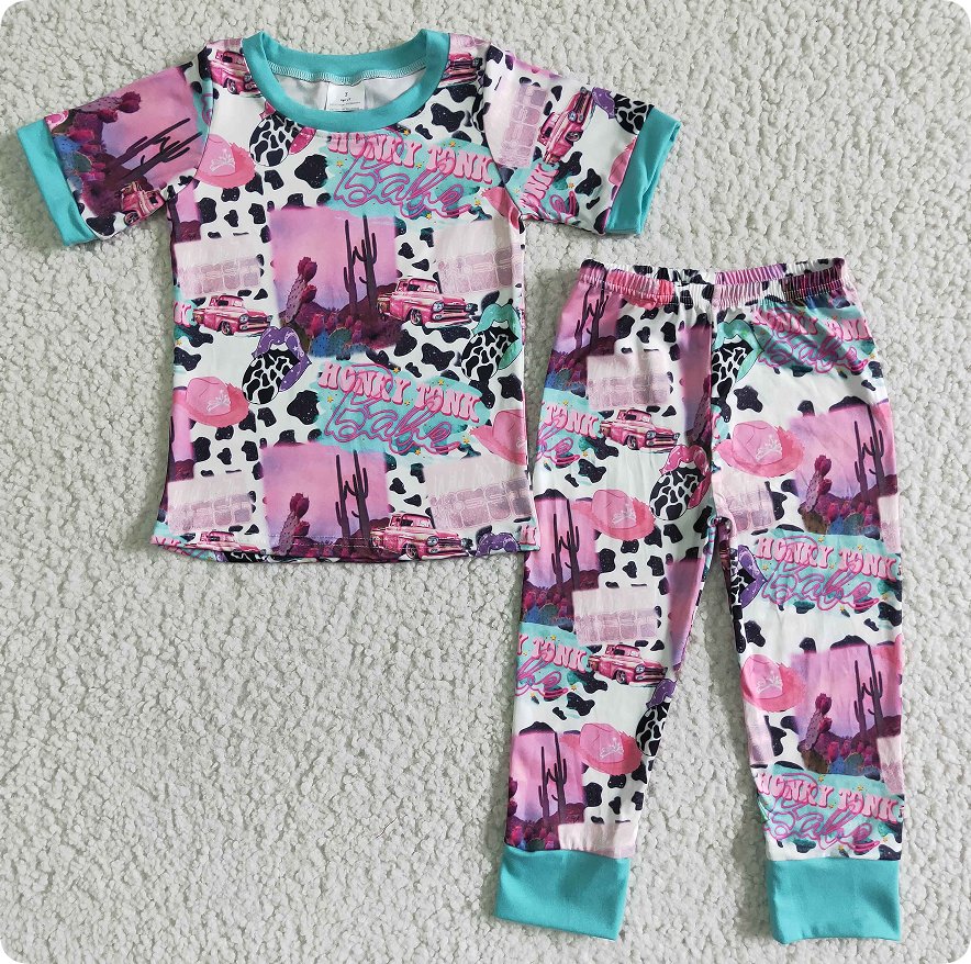 E11-4  BABE Cow Print Short-Sleeve and Pants Set