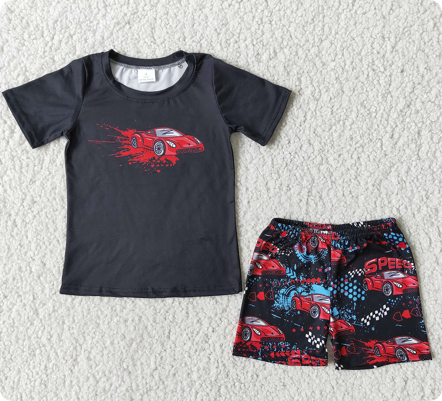 B0-27 Boy's black short-sleeved shirt and shorts suit