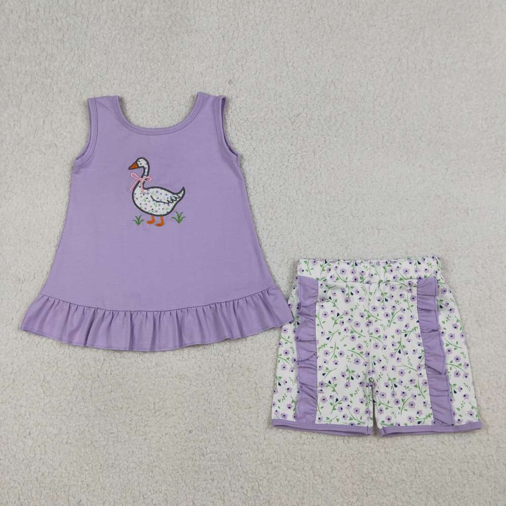 GSSO2774  RTS Purple duck embroidery sleeveless Girl outfits
