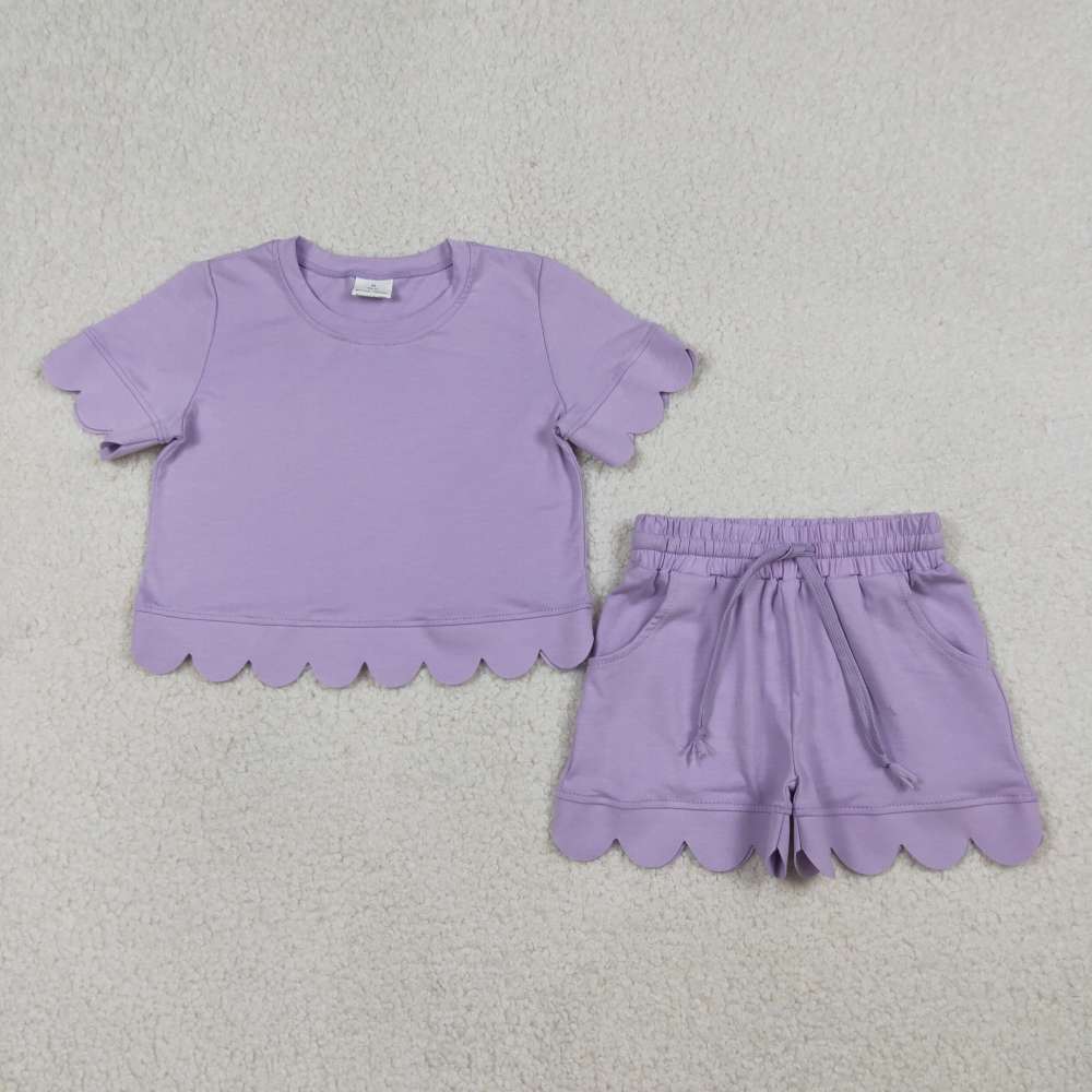 GSSO3171 Purple solid Print Short sleeve girl SCALLOP  outfits