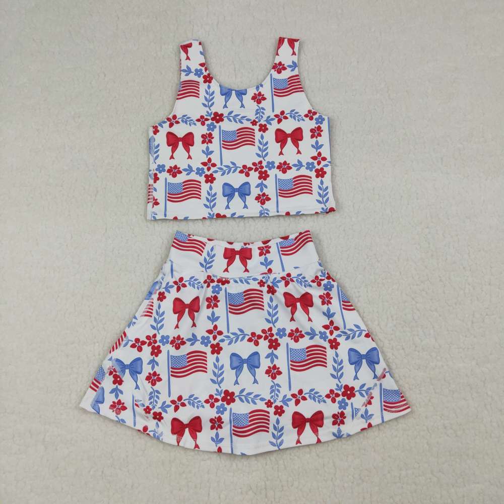 GSD3499  RTS 4th of july bows pattern girl yoga sleeveless skirt set