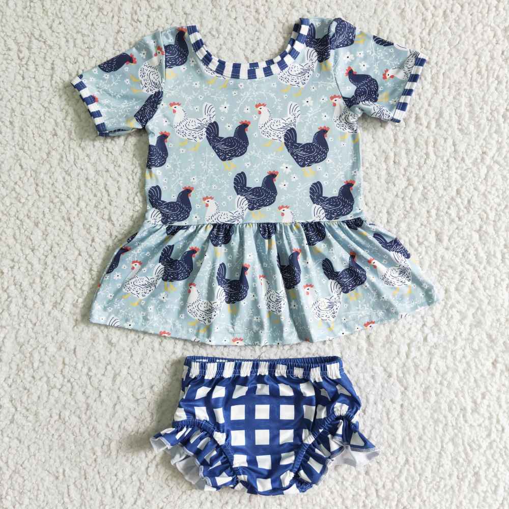 GBO0049  blue chickren pattern print short sleeve summer outfits