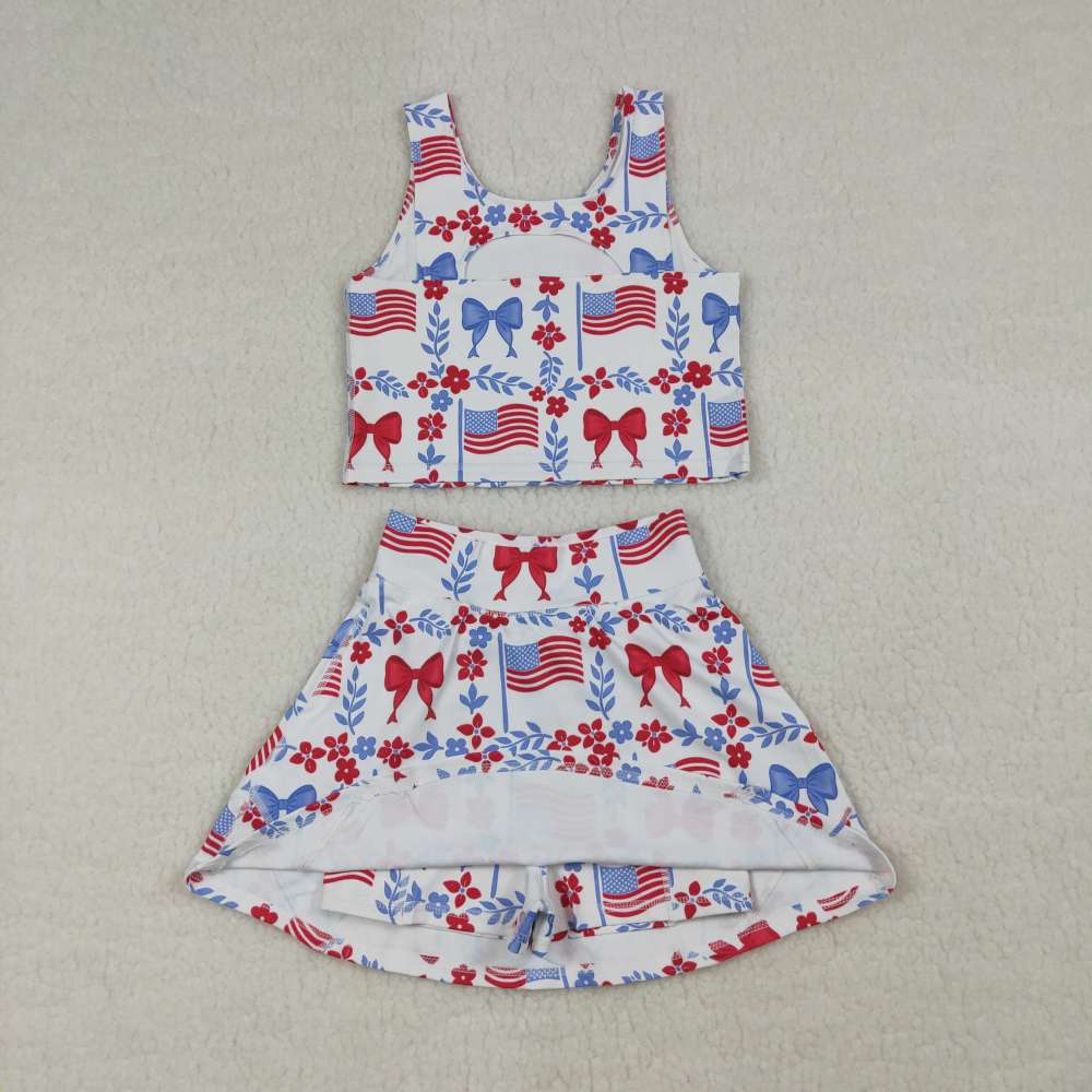 GSD3499  RTS 4th of july bows pattern girl yoga sleeveless skirt set