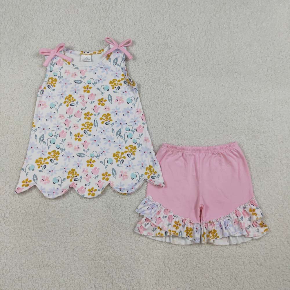 GSSO3393   Blue yellow flowers Print sleeveless girl SCALLOP  outfits