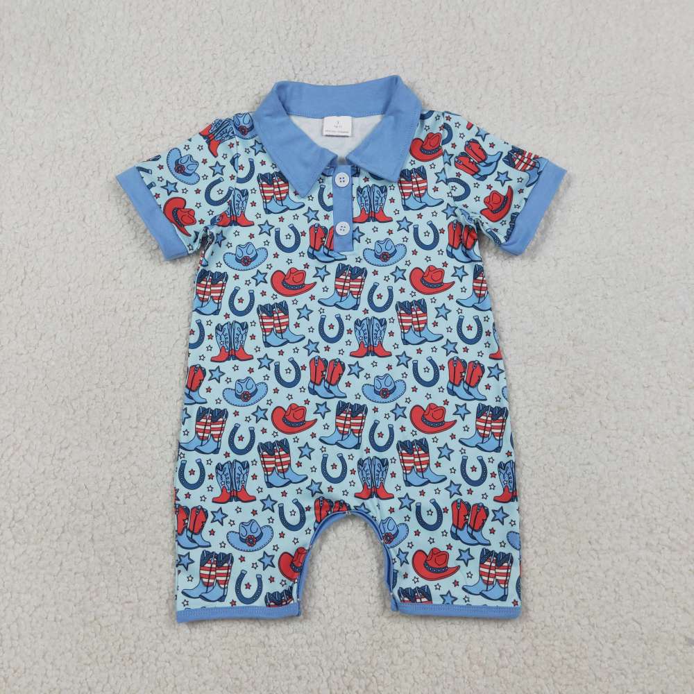 SR3882 Brown cow boots  boy short sleeve Romper