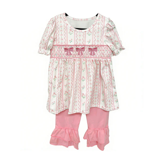 Baby Girls Flowers Stripe Bows Tunic Ruffle Shorts Clothes Set Preorder