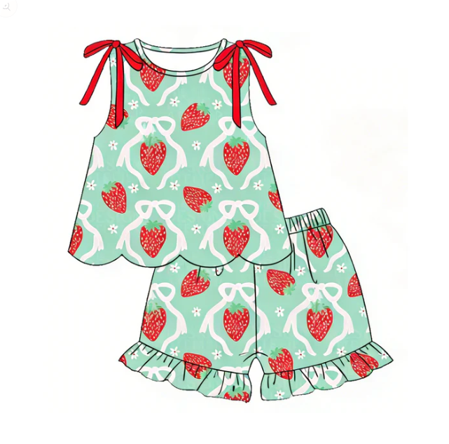 Baby Girls Sleeveless Bows Strawberry Tunic Ruffle Shorts Clothes Sets Preorder