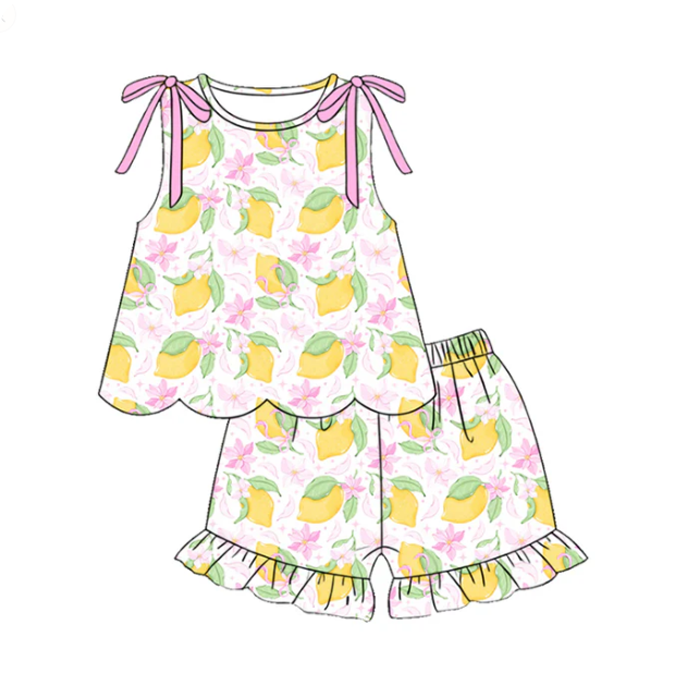 Baby Girls Sleeveless Flowers Lemons Tunic Ruffle Shorts Clothes Sets Preorder