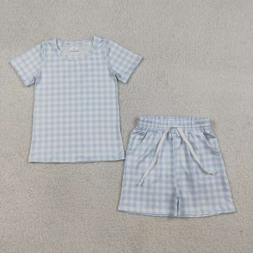 BSSO1896  RTS sky blue plaid  print short sleeve boy outfits