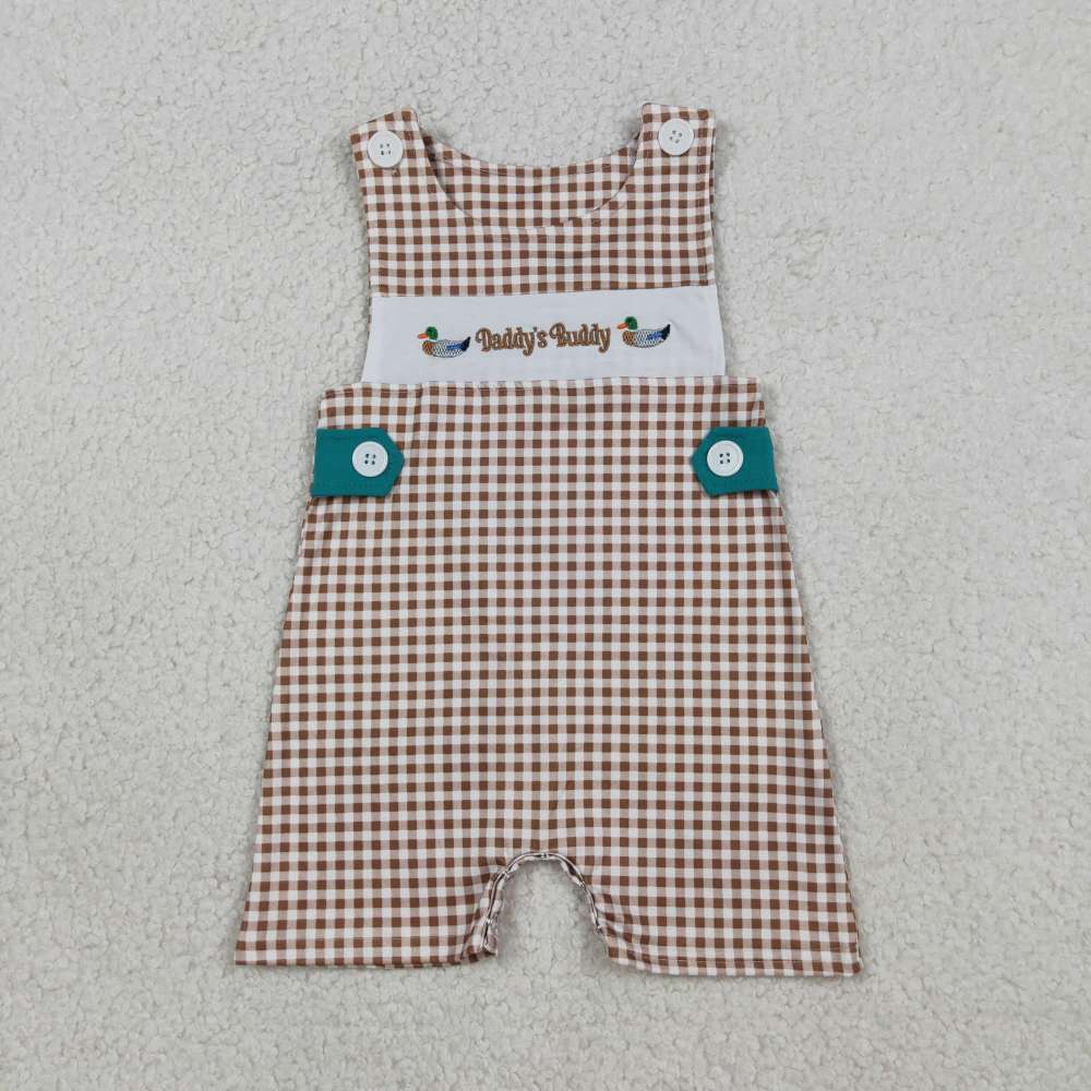 SR3508 Brown plaid daddy's  buddy embroidery boy sleeveless Romper