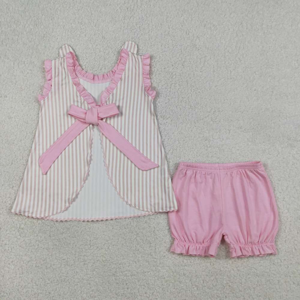 GSSO2924   RTS Pink stripe easter bunny embroidery sleeveless Girl outfits