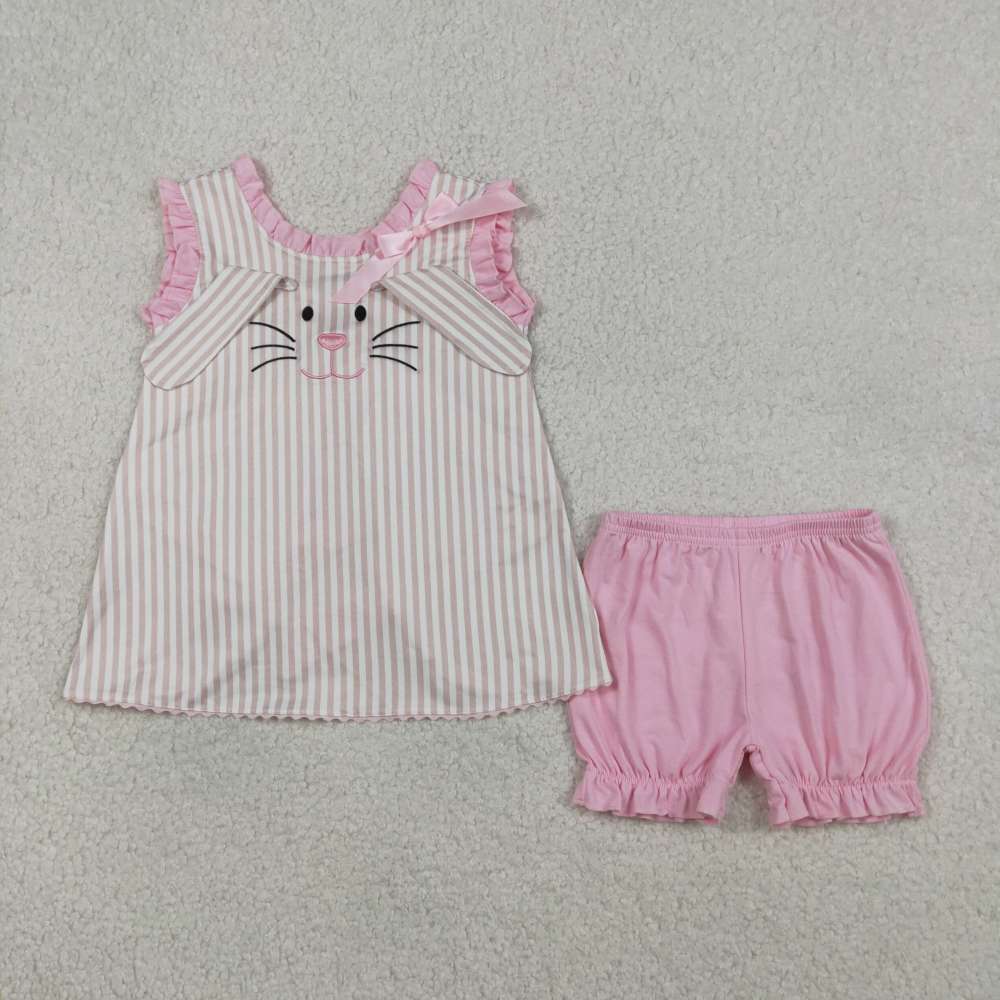 GSSO2924   RTS Pink stripe easter bunny embroidery sleeveless Girl outfits