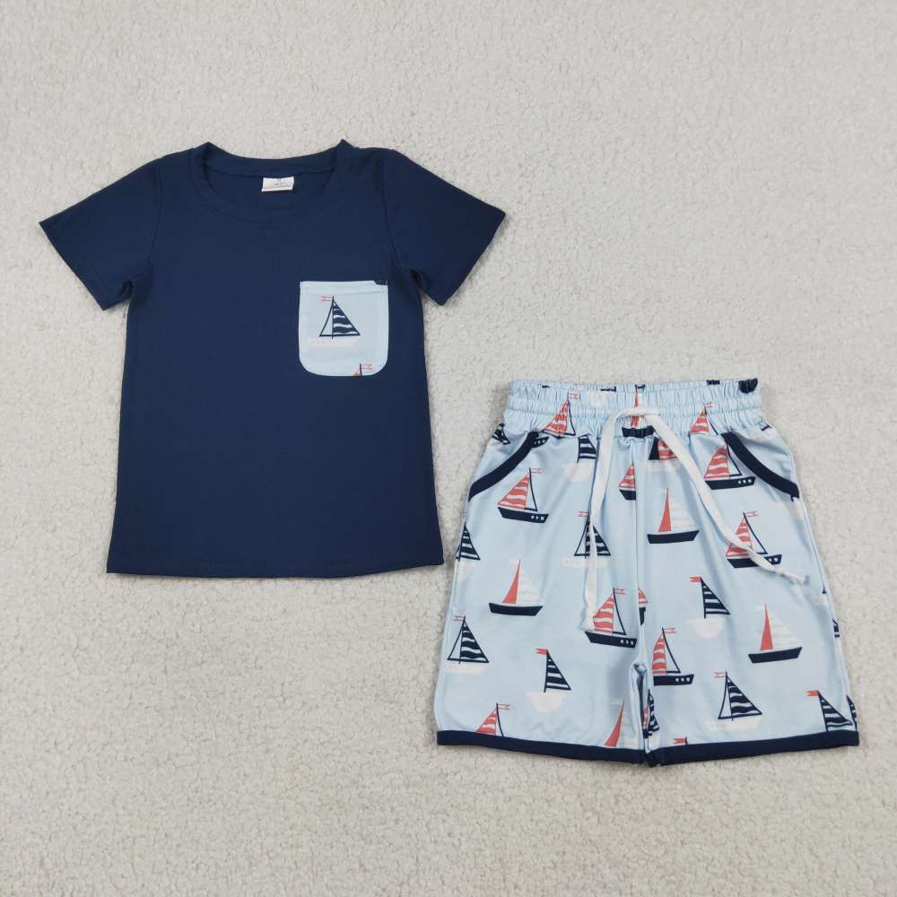 BSSO1855  RTS Navy boat  print short sleeve boy outfits