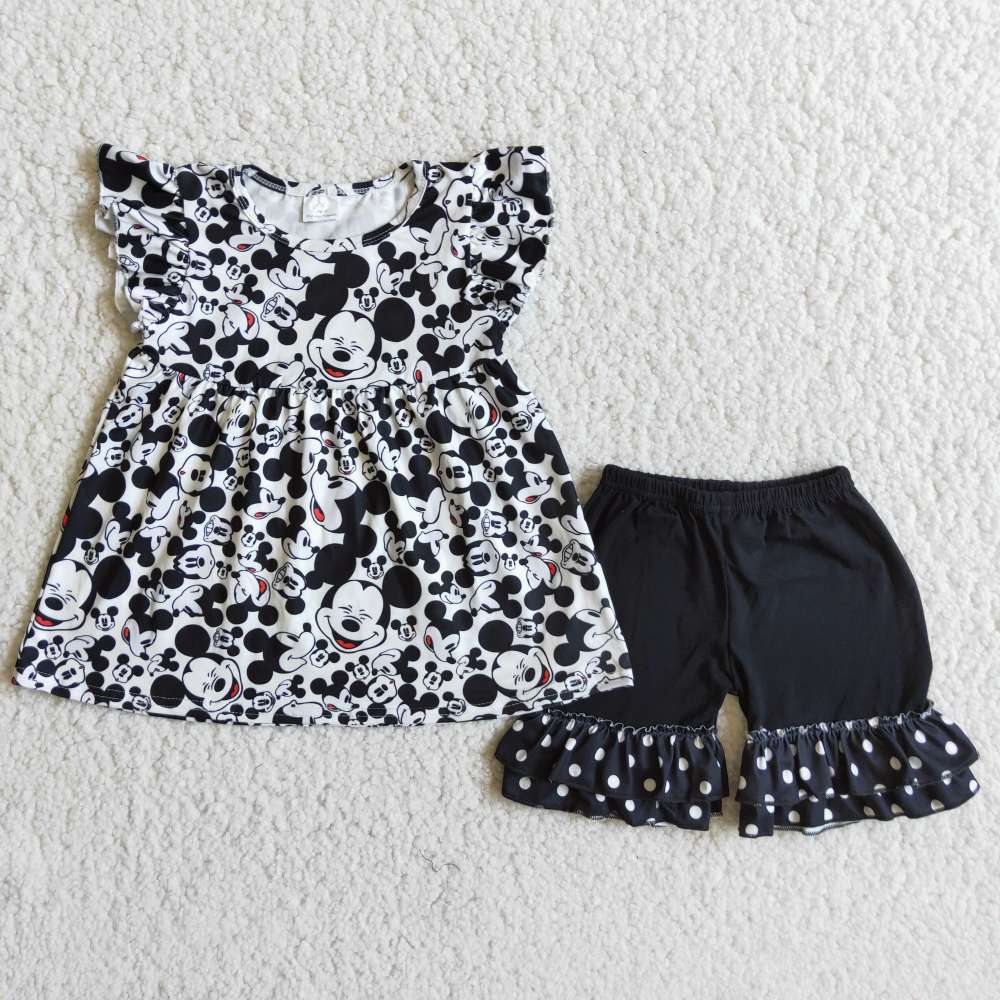 C2-10 black cartoon  print short-sleeved shirt and shorts suit