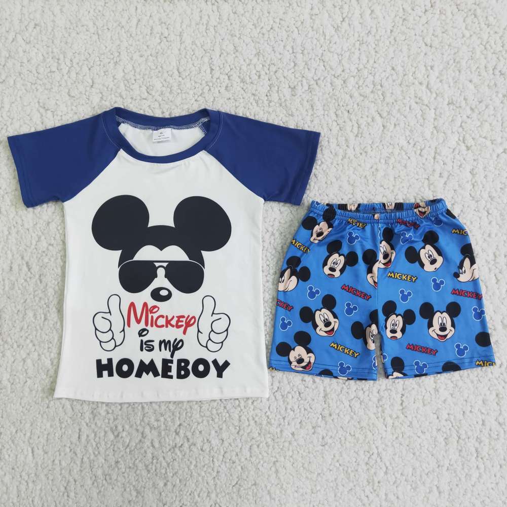 d7-13 blue  cartoon print short-sleeved shirt and shorts suit