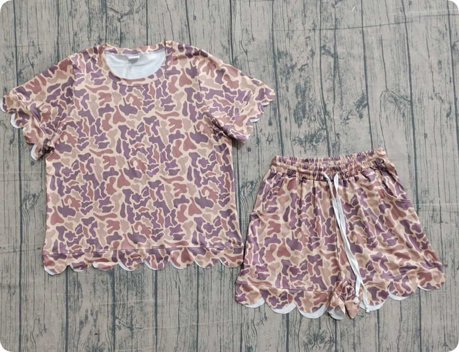 GSSO3233 Adult women's brown camouflage lace short-sleeved shirt and shorts set