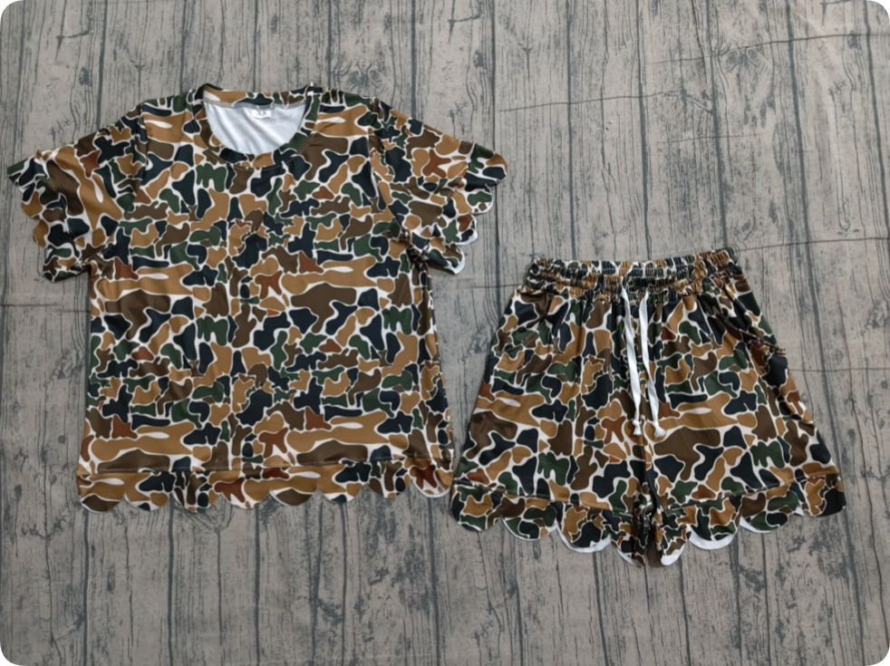 GSSO3234 Adult women's brown-green camouflage beige lace short-sleeved shorts set