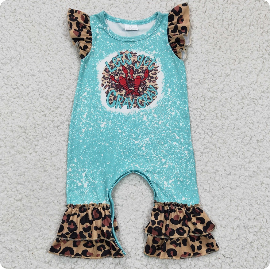 SR0151 Girl's blue lobster-patterned jumpsuit with flutter sleeves
