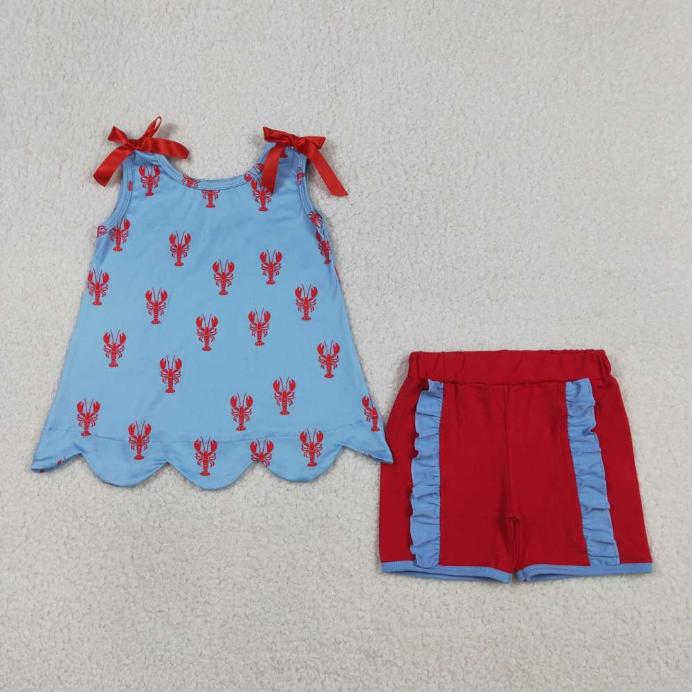 GSSO3050 Red crab Print sleeveless girl  pink bows SCALLOP  outfits