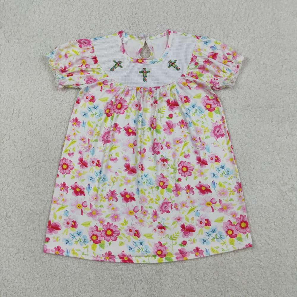 GSD3314   RTS Colorful  flowers easter cross smock girl shorts dress