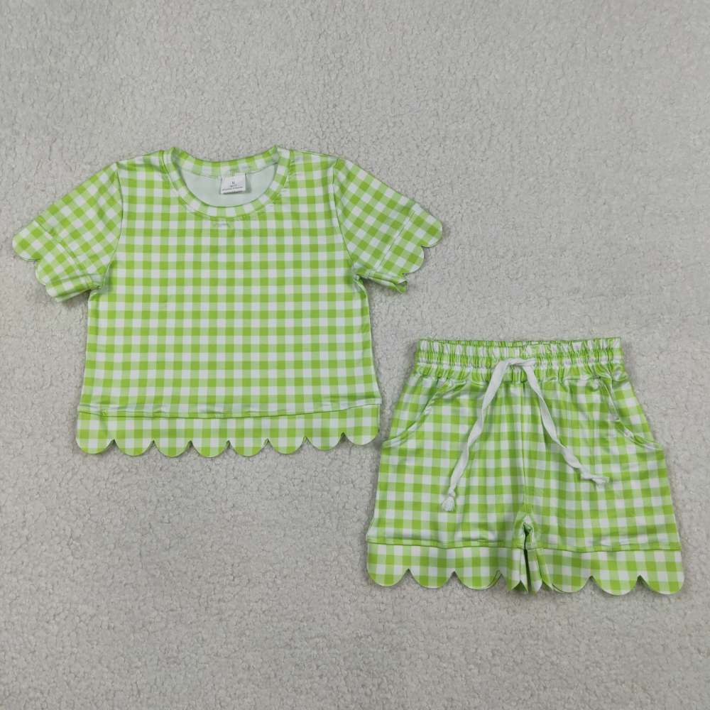 GSSO3189 Light green plaid Print Short sleeve girl  SCALLOP  outfits